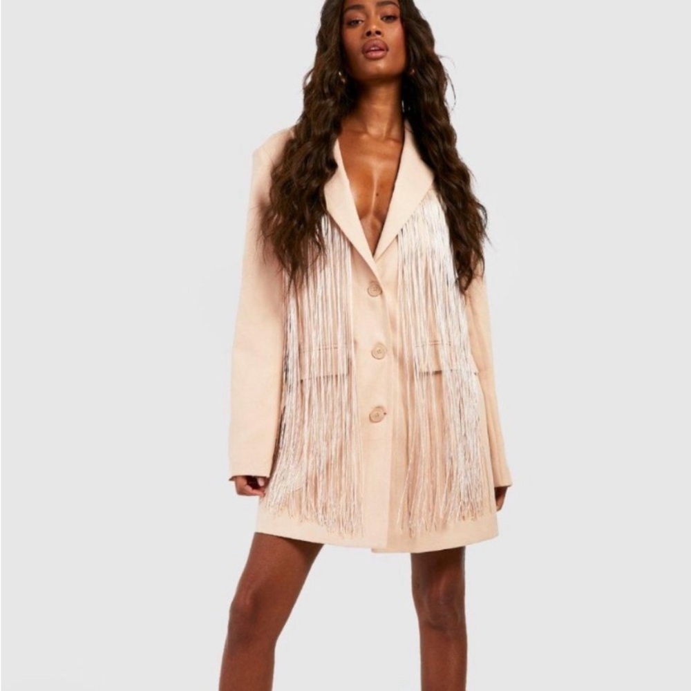 NWT Boohoo Tassel Fringe Crepe Blazer Mini Dress Sand Bohemian Sexy Size 10